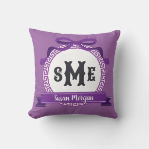 Violet Purple Reverse Greek Key Bow Monogram Cushion