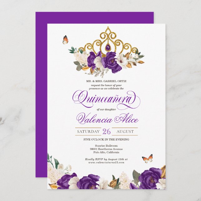 Violet Purple Rose Butterfly Gold Tiara Quince Invitation (Front/Back)
