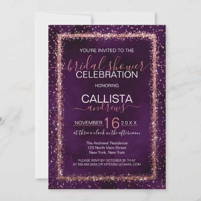 Violet Purple Rose Gold Confetti Bridal Shower Invitation (Front)