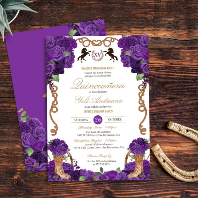 Violet Purple Roses Western Charro Quinceanera Invitation (Creator Uploaded)
