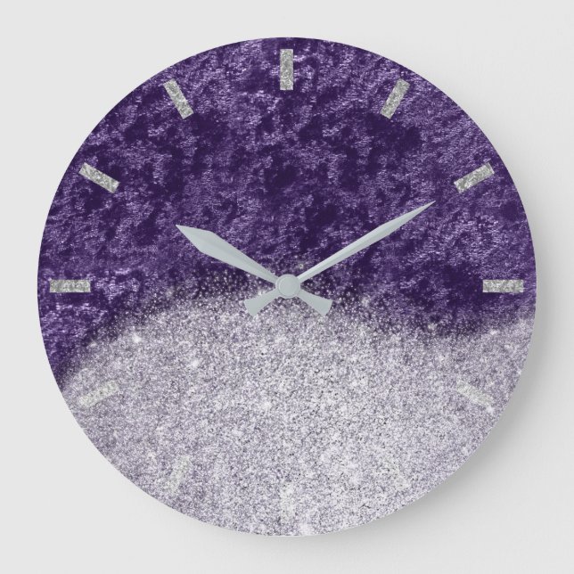 Violet Purple Silver Grey Velvet Eggplant Glitter Large Clock (Front)