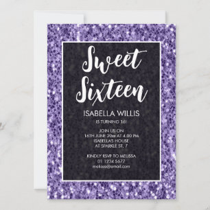 Violet purple sparkles Sweet 16 elegant script Invitation