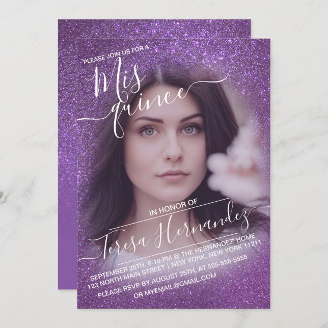 Violet Purple Sparkly Glitter Photo Quinceañera Invitation (Front/Back)