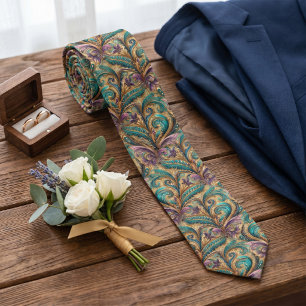 Violet Purple Teal Blue Green Gold Paisley Pattern Tie