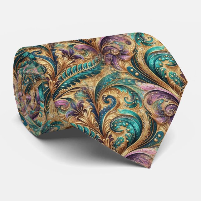 Violet Purple Teal Blue Green Gold Paisley Pattern Tie (Rolled)