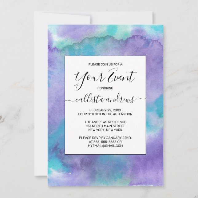 Violet Purple Teal Green Abstract Watercolor Invitation (Front)