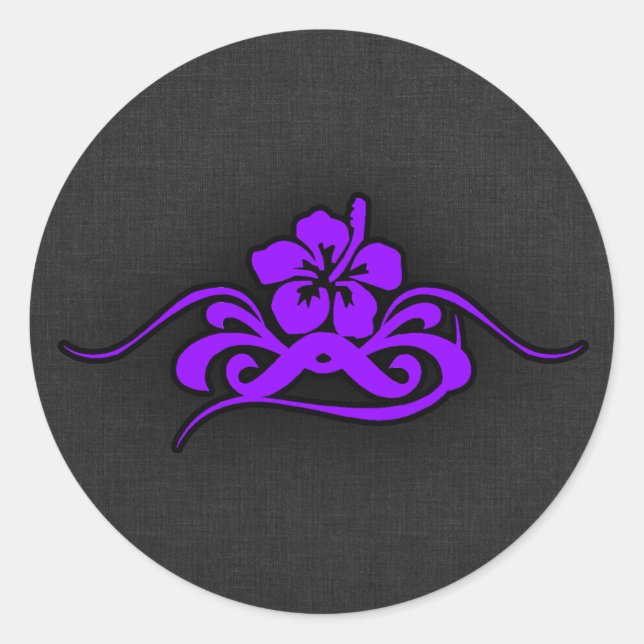 Violet Purple Tribal Hibiscus Classic Round Sticker (Front)