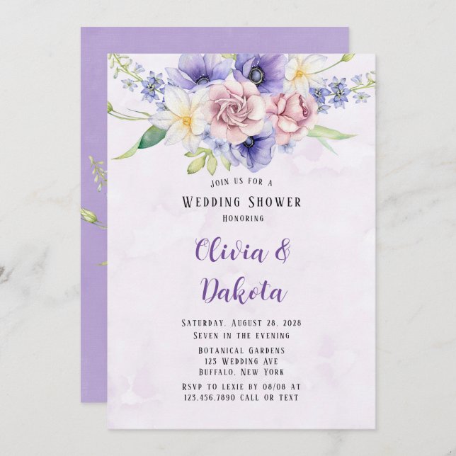 Violet Purple Watercolor Florals Wedding Shower Invitation (Front/Back)