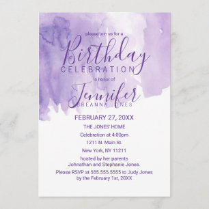 Violet Purple Watercolor Splash Birthday Party Invitation