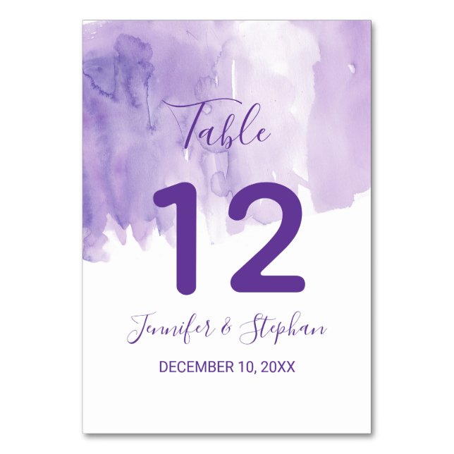 Violet Purple Watercolor Splash Table Numbers (Front)