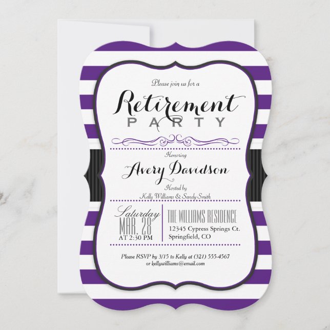 Violet Purple & White; Elegant Retirement Party Invitation (Front)