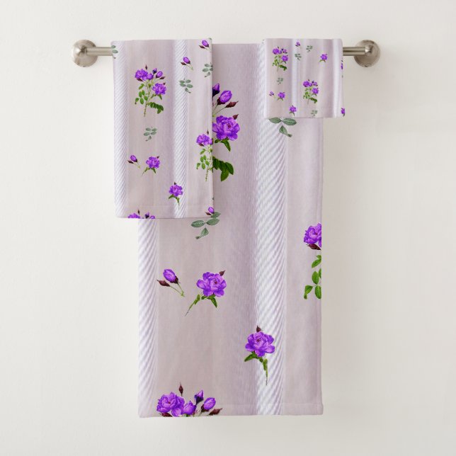 Violet Purplish-Watercolour Roses on Pink Silk  Bath Towel Set (Insitu)