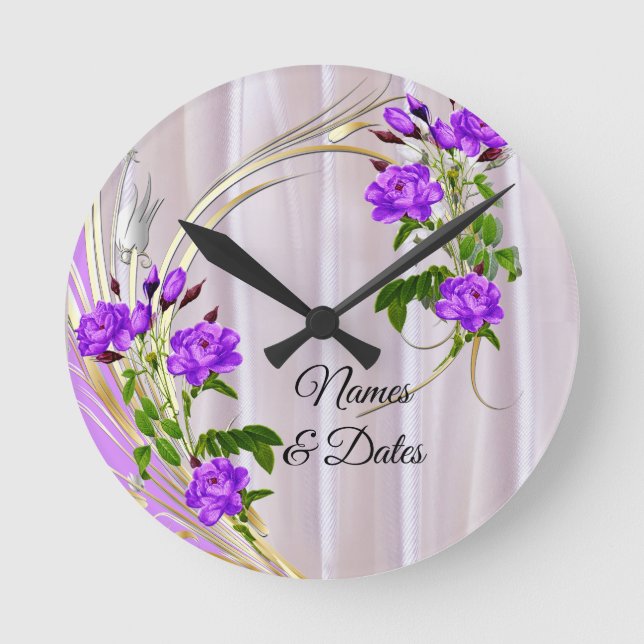 Violet Purplish-Watercolour Roses on Pink Silk  Round Clock (Front)