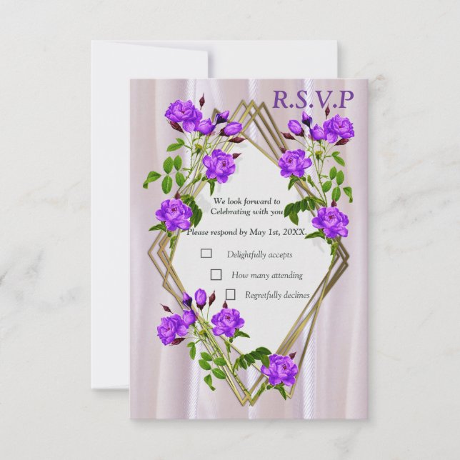 Violet Purplish-Watercolour Roses on Pink Silk  RSVP Card (Front)