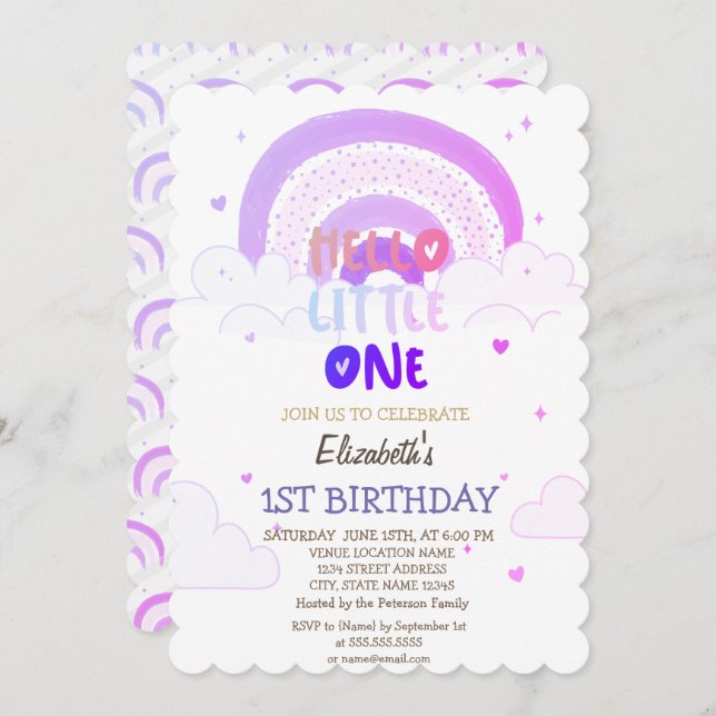 Violet Rainbow Clouds Hello Little One Birthday  Invitation (Front/Back)