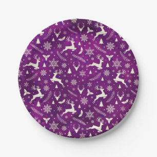 Violet Reindeer Pattern Merry Christmas Snowflake Paper Plate