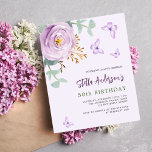 Violet rose butterfly budget birthday invitation<br><div class="desc">A soft lilac coloured background. Decorated with a lilac and purple rose and green watercolored eucalyptus greenery and butterflies. Personalise and add your name and party details.  

1 sheet = 1 invitation printed edge to edge.</div>