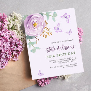 Violet rose butterfly budget birthday invitation