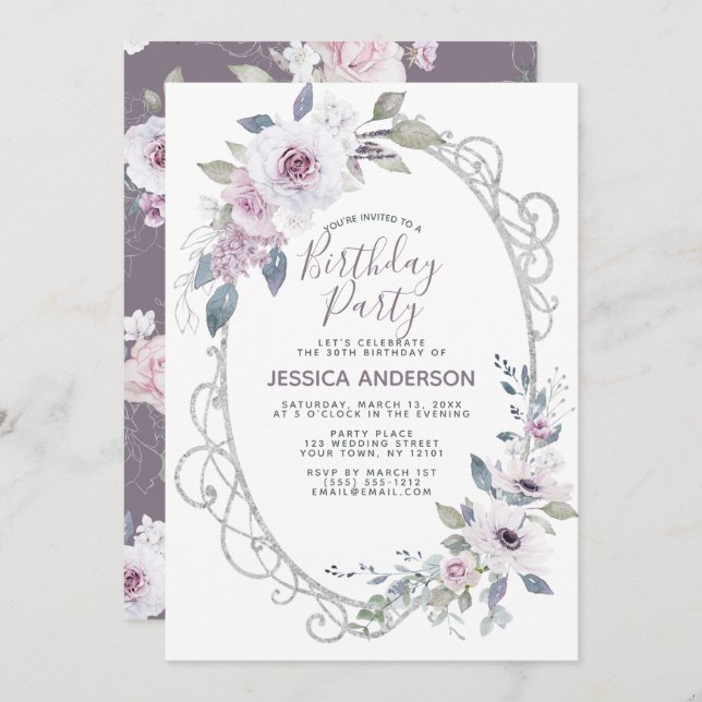 Violet Rose Floral Birthday Party Invitation (Front/Back)
