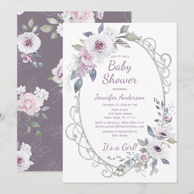 Violet Rose Floral Silver Glitter Girl Baby Shower Invitation (Front/Back)