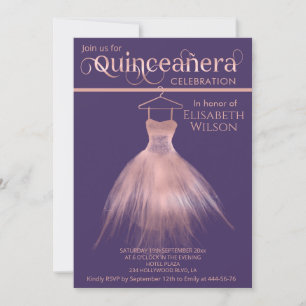 Violet rose gold dress calligraphy Quinceañera Invitation
