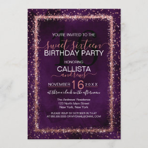 Violet Rose Gold Sprinkled Confetti Sweet 16 Invitation