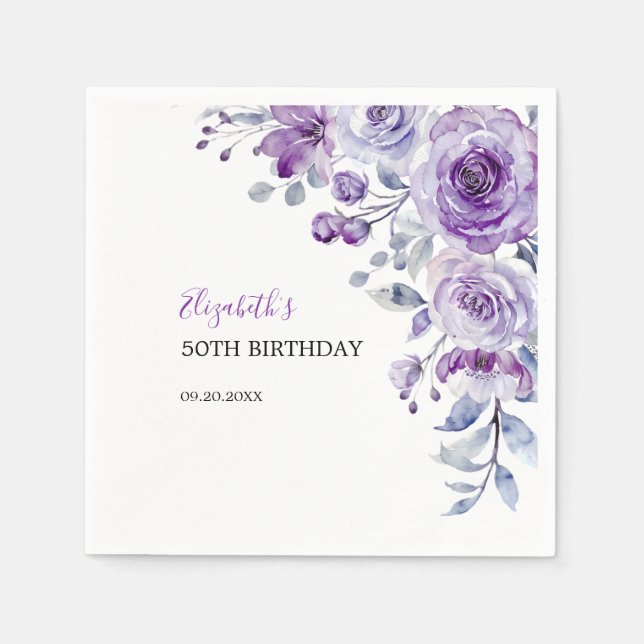 Violet Rose Greenery Floral Birthday Napkin (Front)