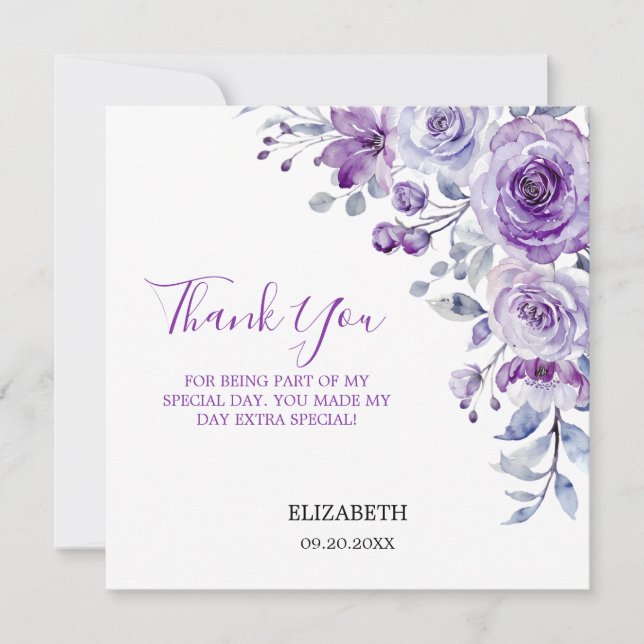 Violet Rose Greenery Floral Thank You Card (Front)
