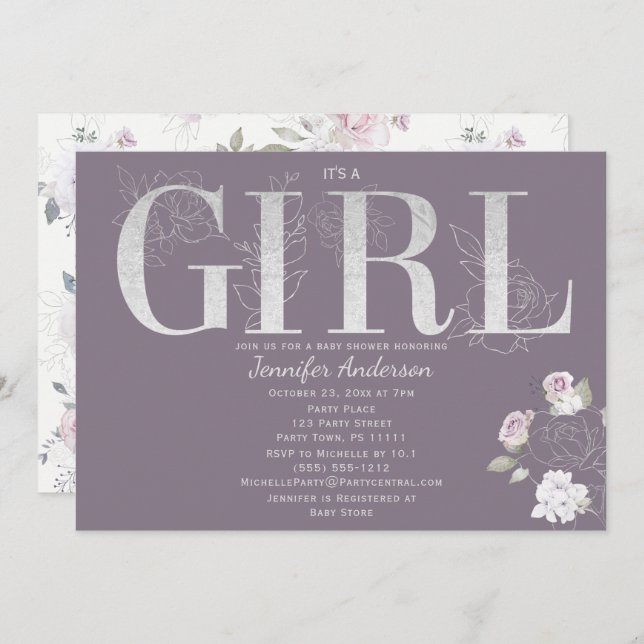 Violet Rose Silver Baby Girl Shower Invitation (Front/Back)