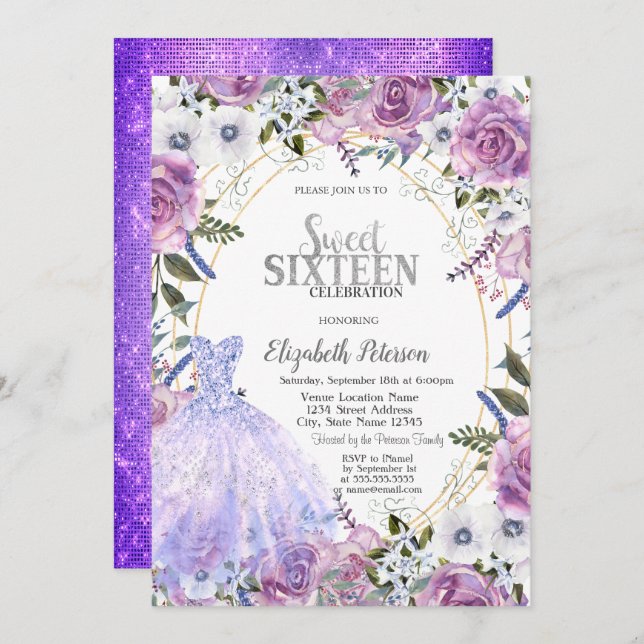 Violet Roses Dress Sequins Sweet 16  Invitation (Front/Back)