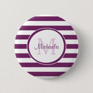 Violet Rugby Stripes With Chic Monogram and Name 6 Cm Round Badge