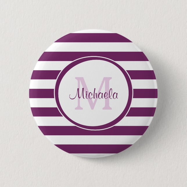 Violet Rugby Stripes With Chic Monogram and Name 6 Cm Round Badge (Front)