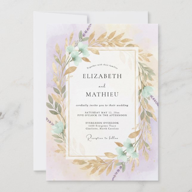 Violet Seafoam Wreath Wedding Invitation (Front)