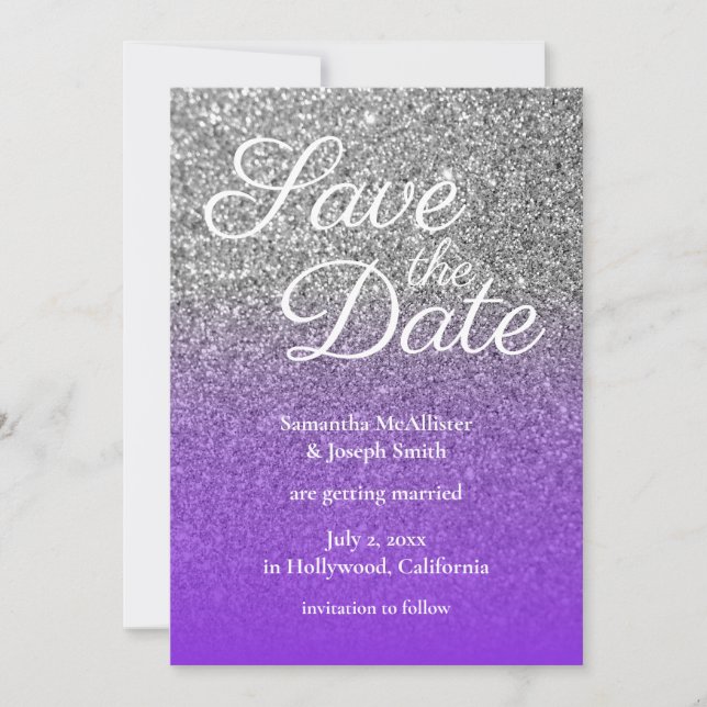 Violet Silver Ombre Glitter Save the Date Invitation (Front)