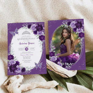 Violet Silver Quinceañera 15th Birthday Photo Invitation