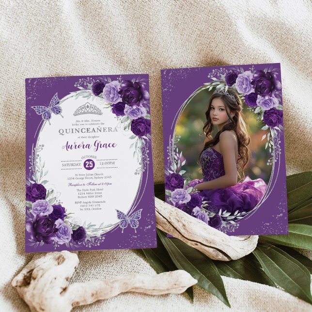 Violet Silver Quinceañera 15th Birthday Photo Invitation (Creator Uploaded)