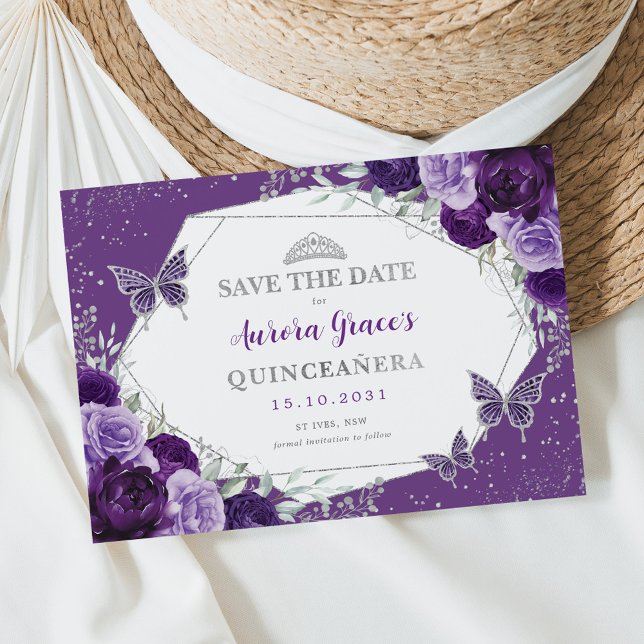 Violet Silver Quinceanera Floral Save the Date Announcement (Creator Uploaded)
