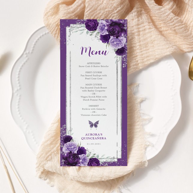 Violet Silver Roses Quinceanera Birthday Menu Card (Creator Uploaded)