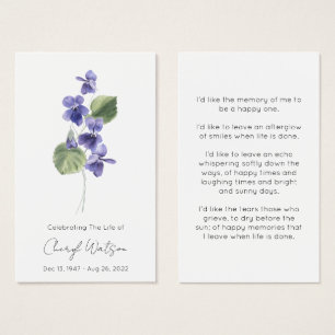 Violet Simple Funeral Memorial Prayer Card