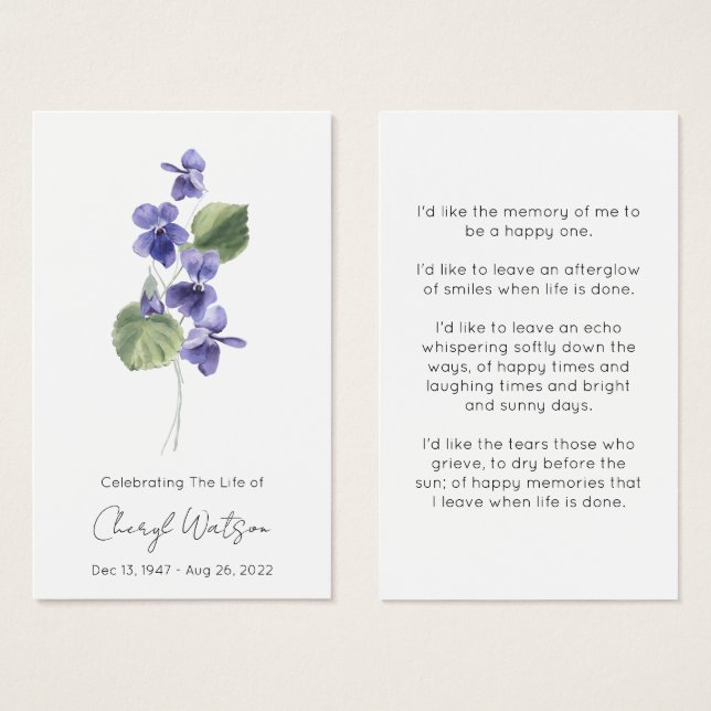 Violet | Simple Funeral Memorial Prayer Card (Front & Back)