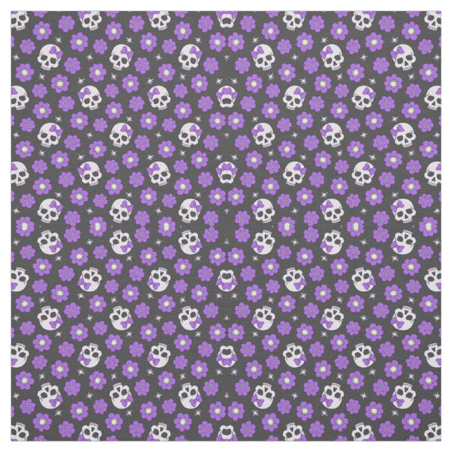 Violet Skulls and Flowers Fabric (Swatch)