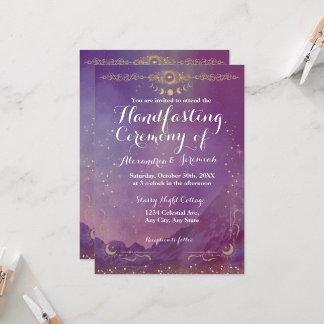 Violet Sky Gold Moon Handfasting Invitation (Front/Back In Situ)