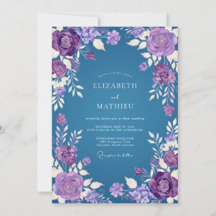 Violet Steel Blue Watercolor Floral Wedding Invitation
