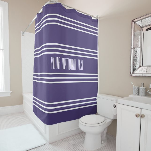 Violet Stripes Custom Text shower curtain (In Situ)