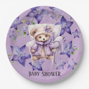 Violet Teddy Bear Chair Stars Girl Baby Shower Paper Plate