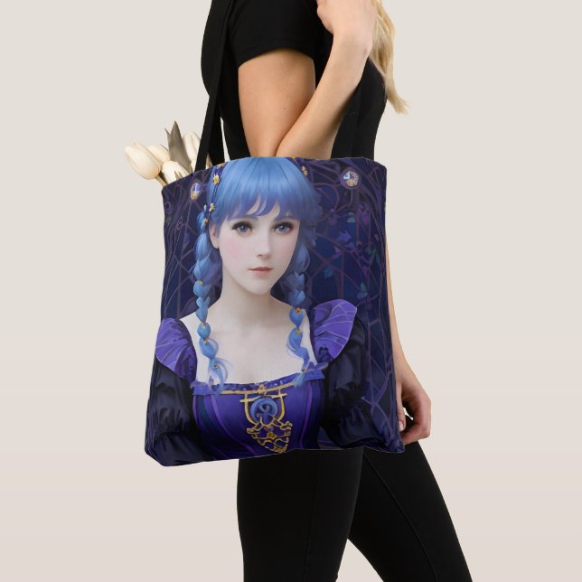 Violet the Cute Dark Academia Girl Fantasy Art Tote Bag (Close Up)