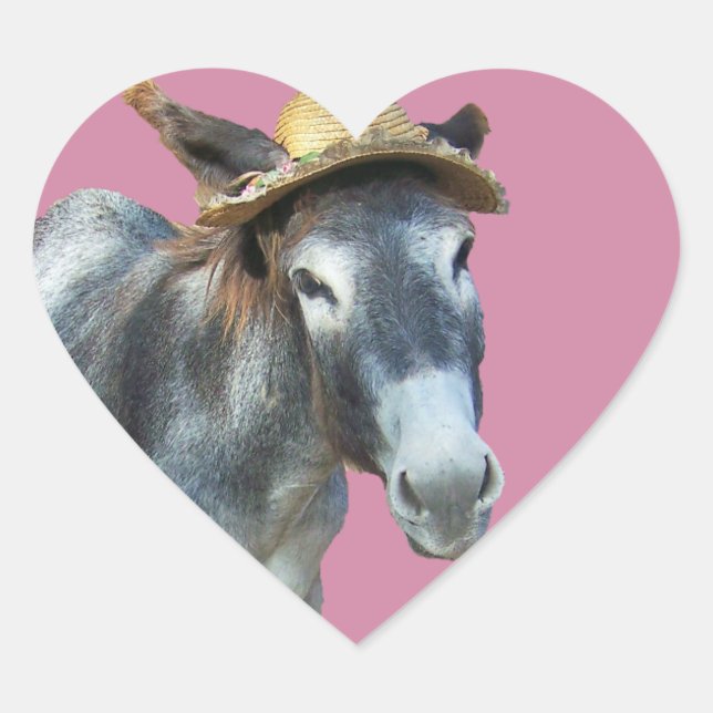 Violet the Donkey in Straw Hat with Flowers Heart Sticker (Front)