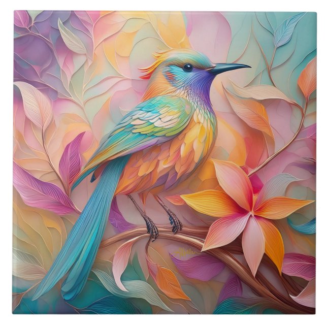 Violet Throated Songbird Fantasy Bird Ceramic Tile (Front)