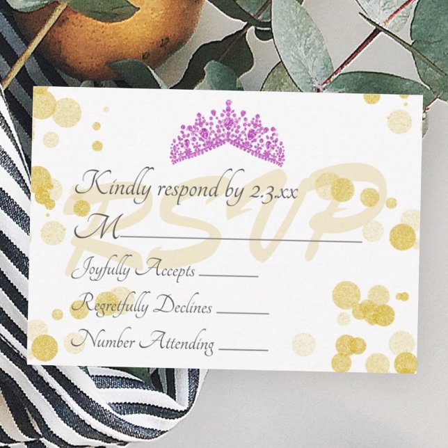 Violet Tiara and Gold Shimmery Lights RSVP Card (gold shimmery lights violet pink tiara crown quinceanera rsvp enclosure card, pink gold reply card)