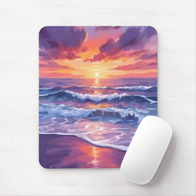 Violet Tide | Purple Sunset Ocean Waves Mouse Pad (With Mouse)
